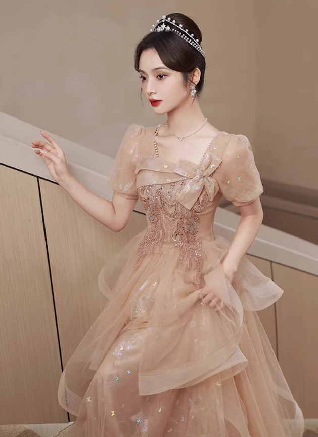 Chic Champagne Ruffles Tulle Hem Elegant Beading Puff Sleeve Lustrous Sequins Prom Long Dress AP0721