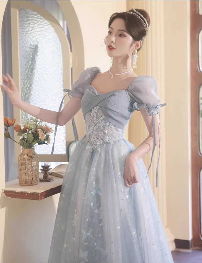 Vogue Pale Blue Lustrous Tulle Hem Maxi Dress Reflective Hidden Pattern Puff Sleeve Prom Long Dress AP0722