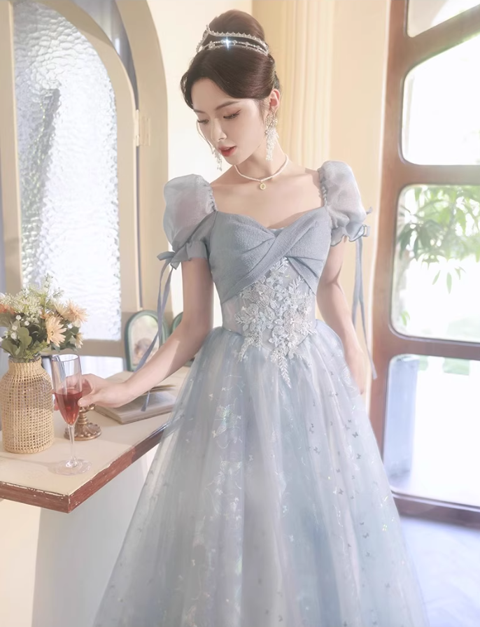 Vogue Pale Blue Lustrous Tulle Hem Maxi Dress Reflective Hidden Pattern Puff Sleeve Prom Long Dress AP0722