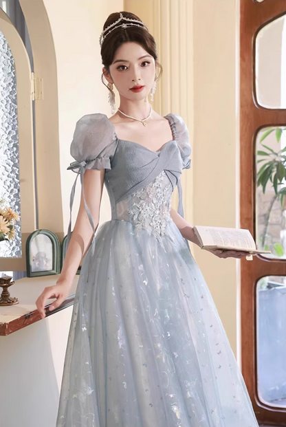 Vogue Pale Blue Lustrous Tulle Hem Maxi Dress Reflective Hidden Pattern Puff Sleeve Prom Long Dress AP0722