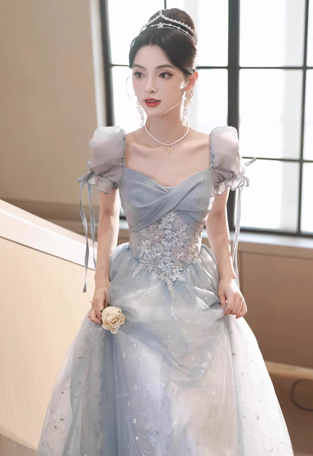 Vogue Pale Blue Lustrous Tulle Hem Maxi Dress Reflective Hidden Pattern Puff Sleeve Prom Long Dress AP0722