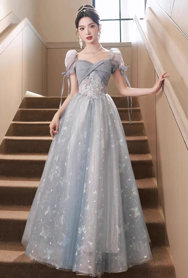 Vogue Pale Blue Lustrous Tulle Hem Maxi Dress Reflective Hidden Pattern Puff Sleeve Prom Long Dress AP0722