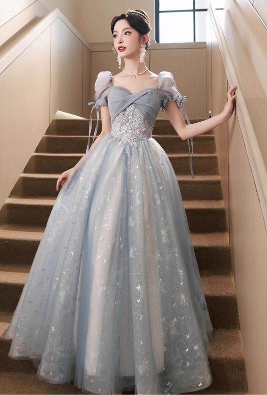 Vogue Pale Blue Lustrous Tulle Hem Maxi Dress Reflective Hidden Pattern Puff Sleeve Prom Long Dress AP0722