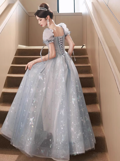 Vogue Pale Blue Lustrous Tulle Hem Maxi Dress Reflective Hidden Pattern Puff Sleeve Prom Long Dress AP0722