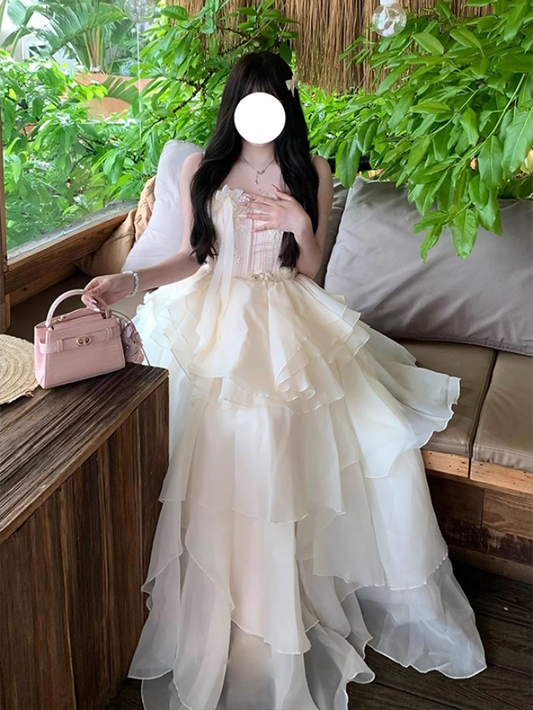 Applique Ruffles Layered Tulle Asymmetric Hem Princess Maxi Dress Spaghetti Strap Prom Dress AP0723