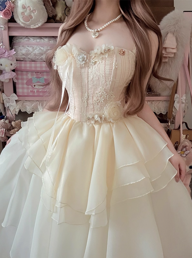 Applique Ruffles Layered Tulle Asymmetric Hem Princess Maxi Dress Spaghetti Strap Prom Dress AP0723