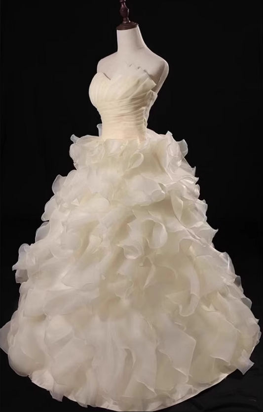 Asymmetrical Neck Tulle Layered Ethereal Maxi Dress Cascade Ruffles Strapless Prom Dress AP0724