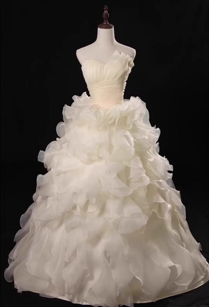 Asymmetrical Neck Tulle Layered Ethereal Maxi Dress Cascade Ruffles Strapless Prom Dress AP0724