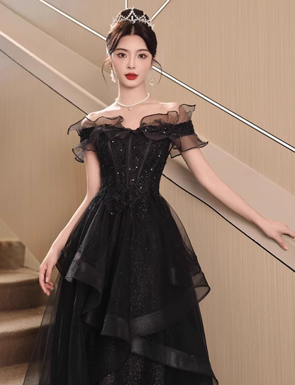 Off-Shoulder Ruffles Strapless Evening Dress Glitter Sequins A-line Prom Dress AP0725