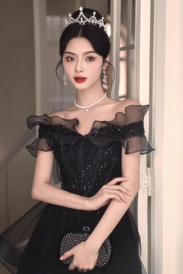 Off-Shoulder Ruffles Strapless Evening Dress Glitter Sequins A-line Prom Dress AP0725