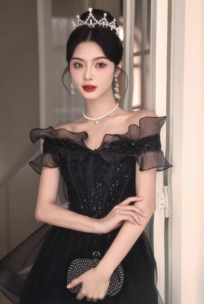 Off-Shoulder Ruffles Strapless Evening Dress Glitter Sequins A-line Prom Dress AP0725