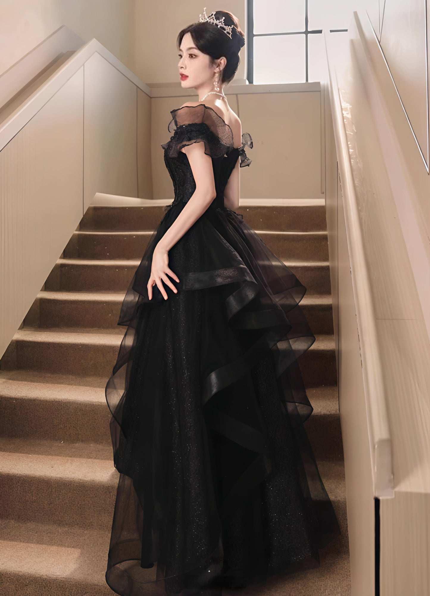 Off-Shoulder Ruffles Strapless Evening Dress Glitter Sequins A-line Prom Dress AP0725