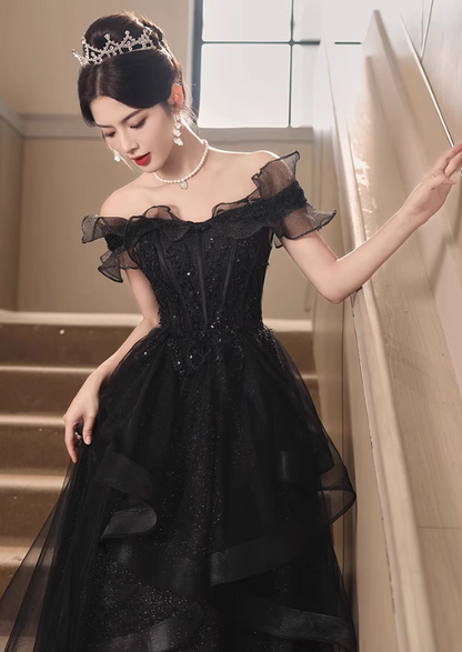 Off-Shoulder Ruffles Strapless Evening Dress Glitter Sequins A-line Prom Dress AP0725