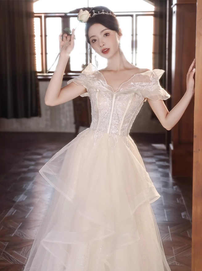 New Arrival Off-Shoulder Ruffles Mesh Trimmed Evening Dress Strapless A-line Prom Dress AP0726