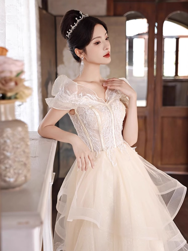 New Arrival Off-Shoulder Ruffles Mesh Trimmed Evening Dress Strapless A-line Prom Dress AP0726