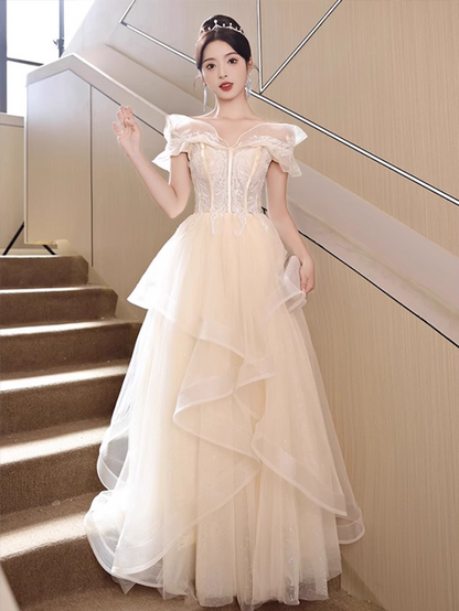 New Arrival Off-Shoulder Ruffles Mesh Trimmed Evening Dress Strapless A-line Prom Dress AP0726