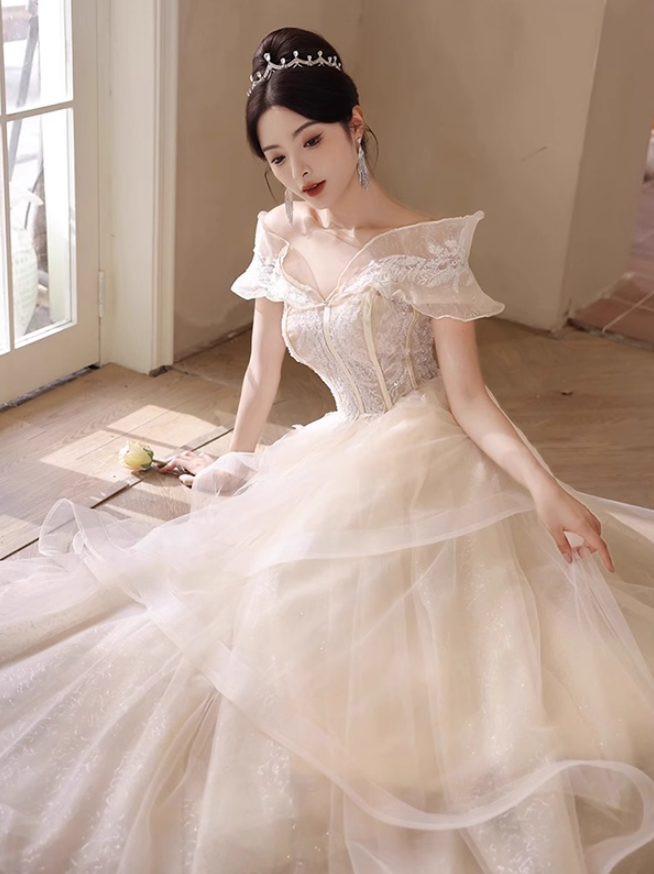 New Arrival Off-Shoulder Ruffles Mesh Trimmed Evening Dress Strapless A-line Prom Dress AP0726