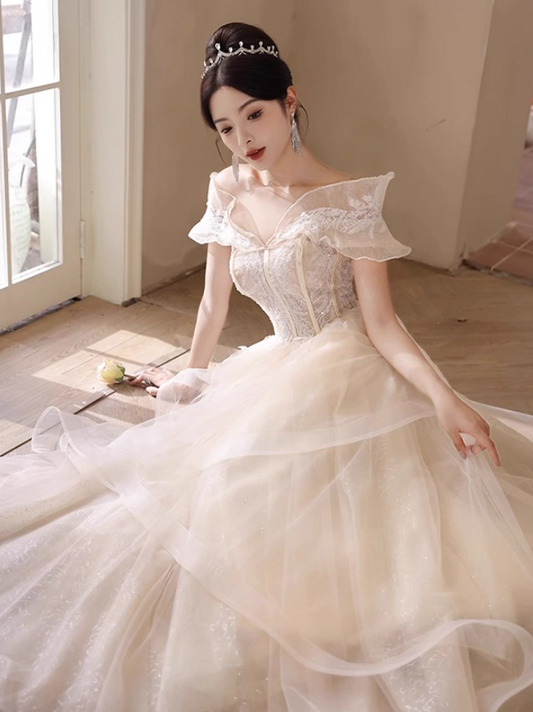 New Arrival Off-Shoulder Ruffles Mesh Trimmed Evening Dress Strapless A-line Prom Dress AP0726