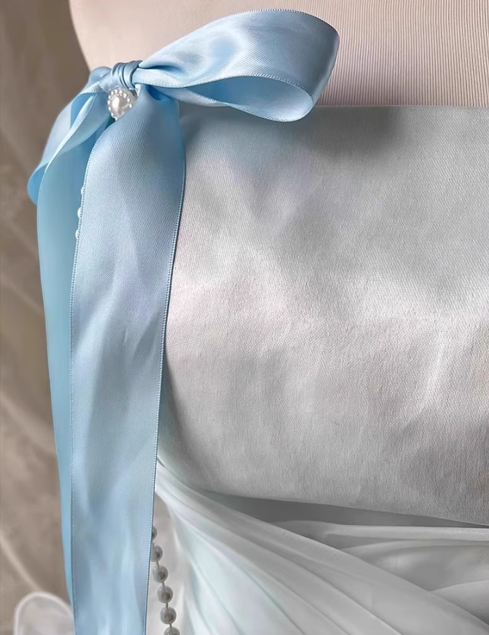 Ethereal Light Blue Strapless Cinched-Waist Maxi Dress Cascade Ruffles Tulle Layered Prom Dress AP0727