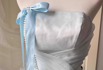 Ethereal Light Blue Strapless Cinched-Waist Maxi Dress Cascade Ruffles Tulle Layered Prom Dress AP0727