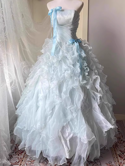 Ethereal Light Blue Strapless Cinched-Waist Maxi Dress Cascade Ruffles Tulle Layered Prom Dress AP0727
