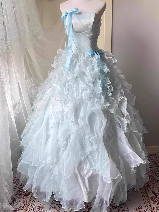 Ethereal Light Blue Strapless Cinched-Waist Maxi Dress Cascade Ruffles Tulle Layered Prom Dress AP0727