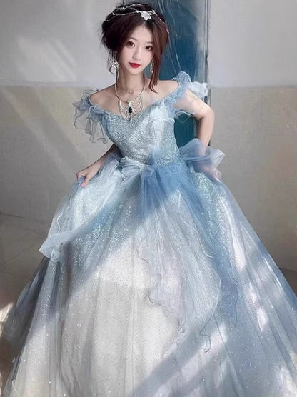 Classical Light Blue Off-Shoulder Evening Dress Glitter Fabric Ruffles Strapless Prom Dress AP0729
