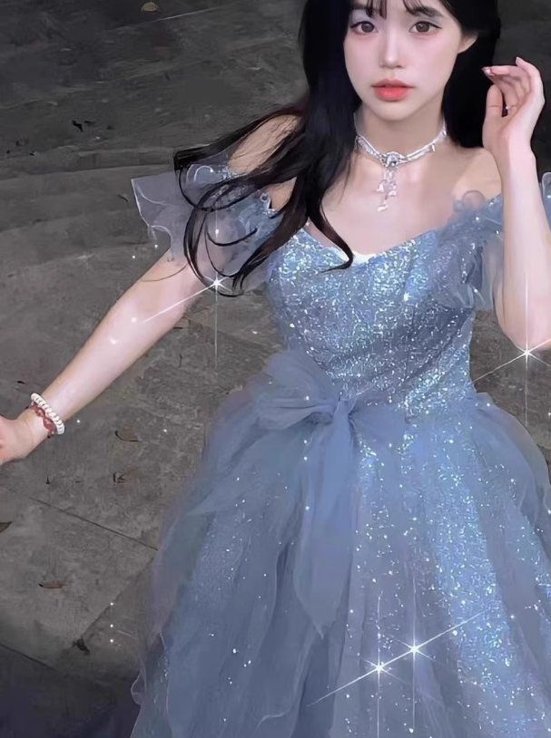 Classical Light Blue Off-Shoulder Evening Dress Glitter Fabric Ruffles Strapless Prom Dress AP0729