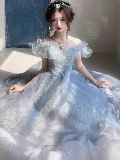 Classical Light Blue Off-Shoulder Evening Dress Glitter Fabric Ruffles Strapless Prom Dress AP0729