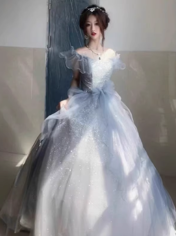 Classical Light Blue Off-Shoulder Evening Dress Glitter Fabric Ruffles Strapless Prom Dress AP0729