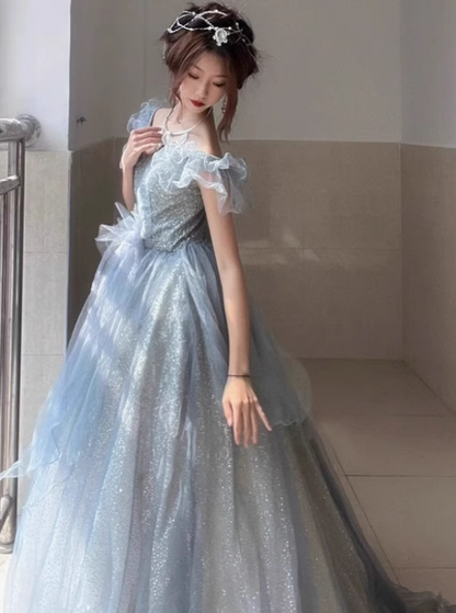 Classical Light Blue Off-Shoulder Evening Dress Glitter Fabric Ruffles Strapless Prom Dress AP0729
