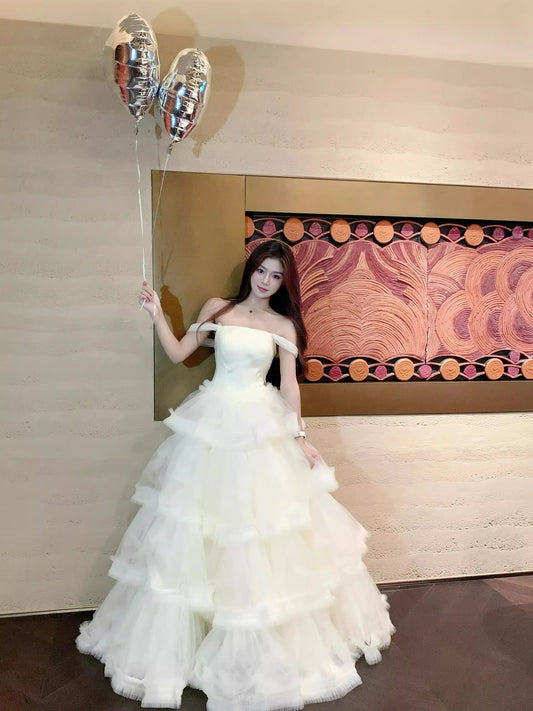 Dreamy White Off-Shoulder Evening Cake Long Dress Tulle Layered Prom Dress AP0730