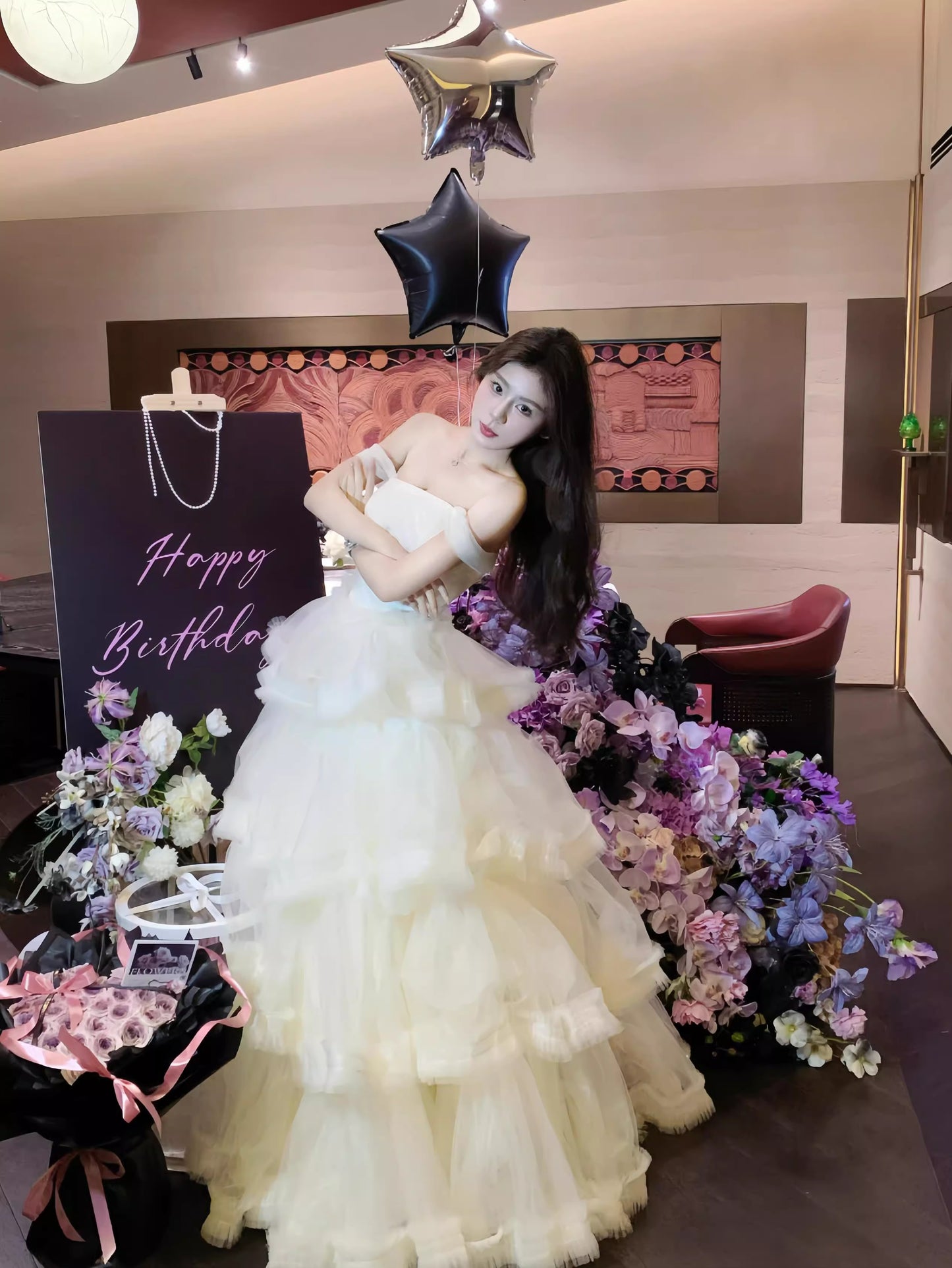 Dreamy White Off-Shoulder Evening Cake Long Dress Tulle Layered Prom Dress AP0730