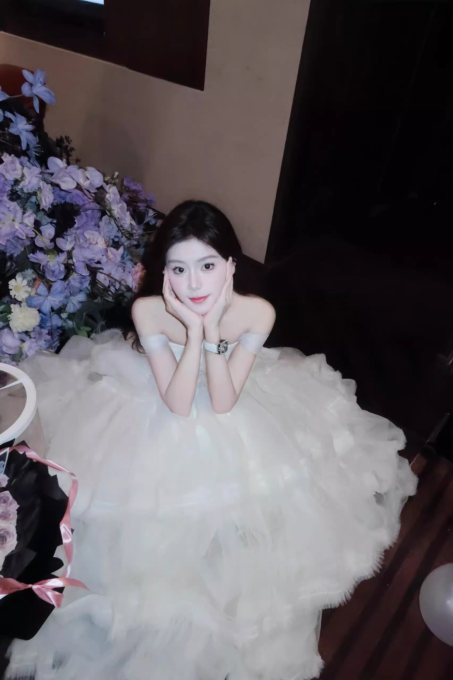 Dreamy White Off-Shoulder Evening Cake Long Dress Tulle Layered Prom Dress AP0730