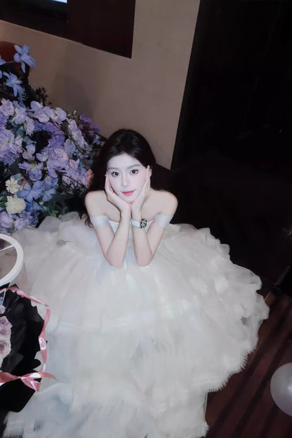 Dreamy White Off-Shoulder Evening Cake Long Dress Tulle Layered Prom Dress AP0730