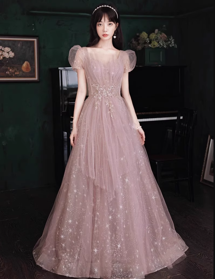 Pink Lustrous Beading Tulle Splicing Maxi Dress Puff Mesh Sleeve Prom Long Dress AP0731