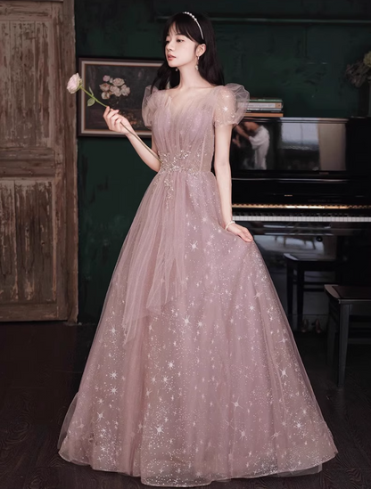 Pink Lustrous Beading Tulle Splicing Maxi Dress Puff Mesh Sleeve Prom Long Dress AP0731