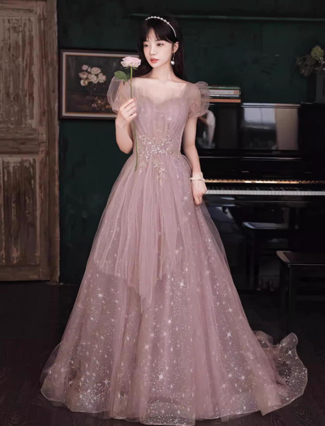 Pink Lustrous Beading Tulle Splicing Maxi Dress Puff Mesh Sleeve Prom Long Dress AP0731