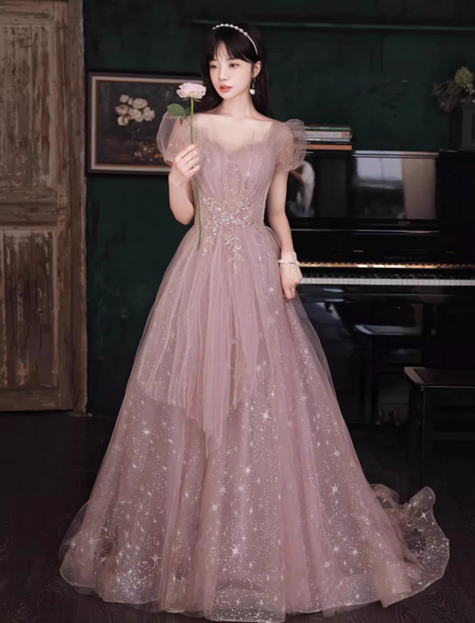 Pink Lustrous Beading Tulle Splicing Maxi Dress Puff Mesh Sleeve Prom Long Dress AP0731