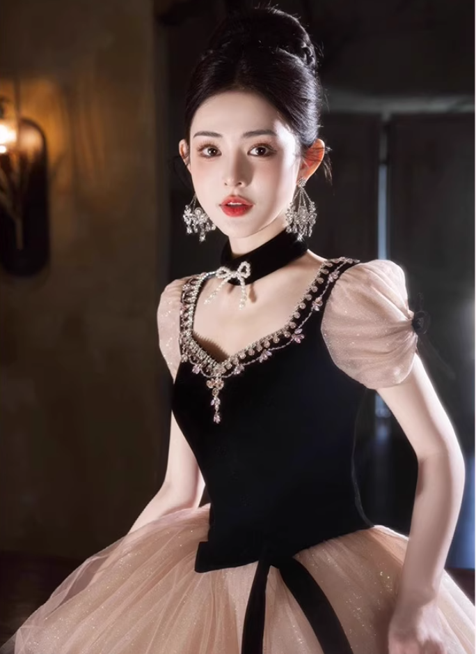 Fashionable Bow-Knot Lustrous Beading Tulle Layered Maxi Dress Puff Mesh Sleeve Prom Dress AP0732