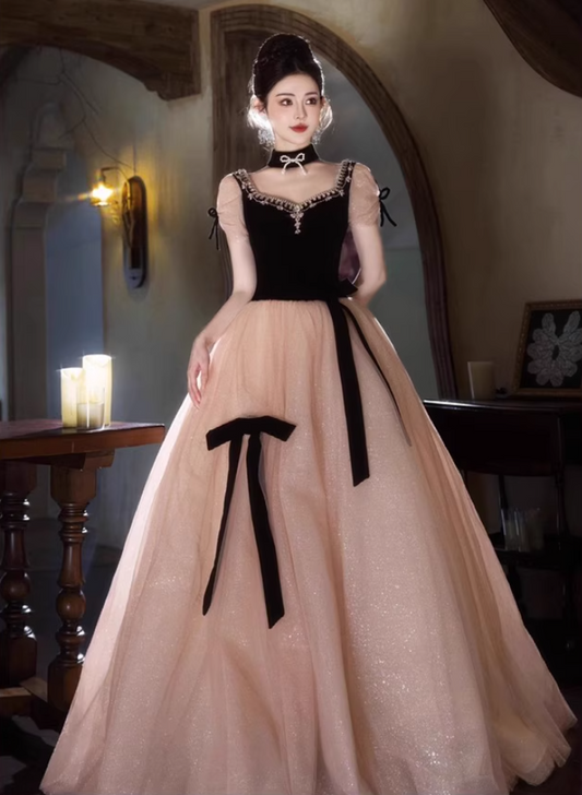 Fashionable Bow-Knot Lustrous Beading Tulle Layered Maxi Dress Puff Mesh Sleeve Prom Dress AP0732