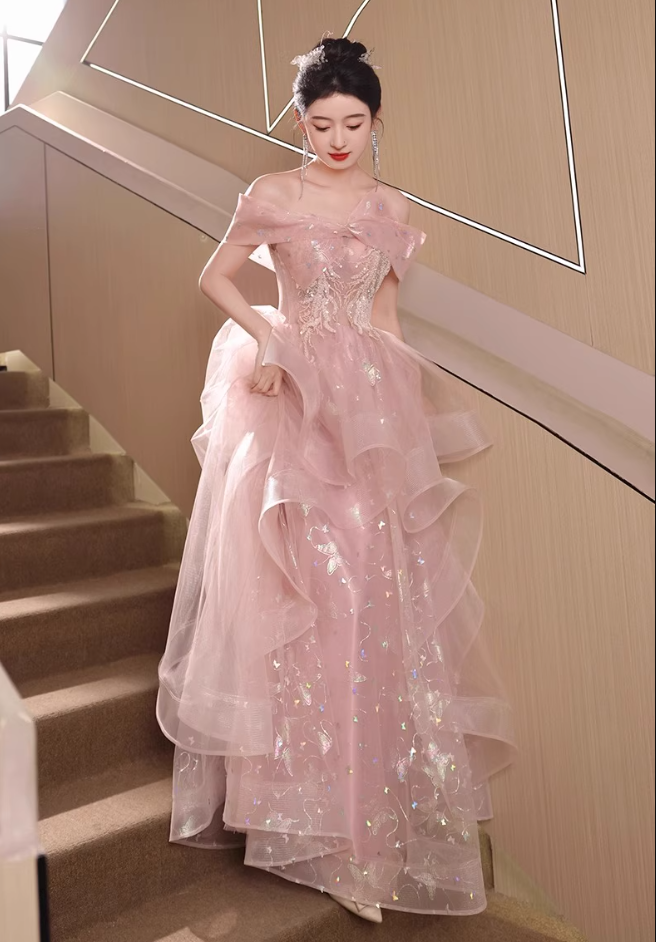 Novelty Reflective Dark Pattern Off-Shoulder Evening Dress Embroidery Ruffles Hem Prom Dress AP0733