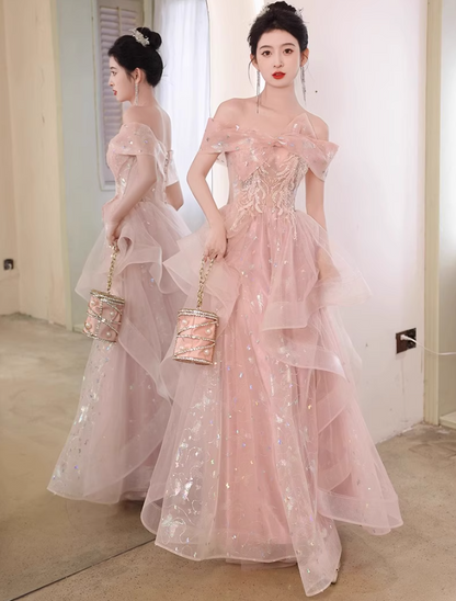 Novelty Reflective Dark Pattern Off-Shoulder Evening Dress Embroidery Ruffles Hem Prom Dress AP0733