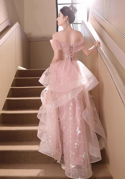 Novelty Reflective Dark Pattern Off-Shoulder Evening Dress Embroidery Ruffles Hem Prom Dress AP0733