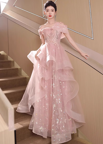 Novelty Reflective Dark Pattern Off-Shoulder Evening Dress Embroidery Ruffles Hem Prom Dress AP0733