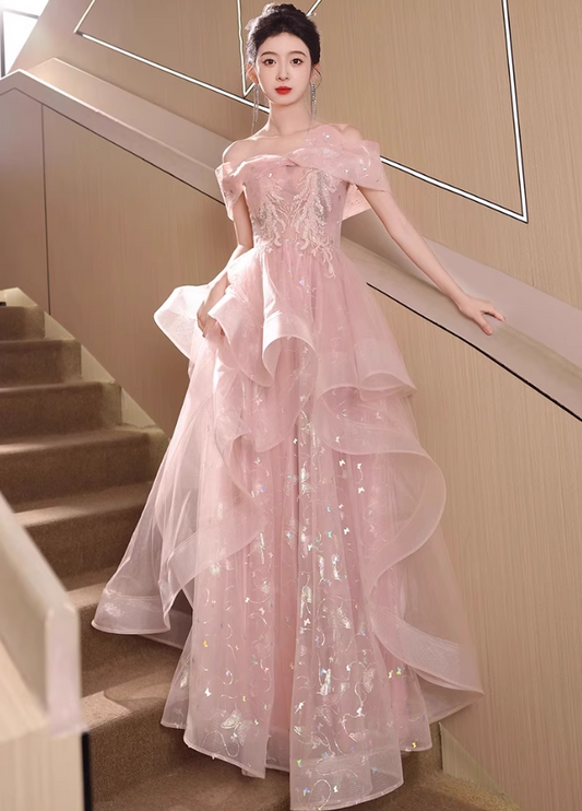 Novelty Reflective Dark Pattern Off-Shoulder Evening Dress Embroidery Ruffles Hem Prom Dress AP0733