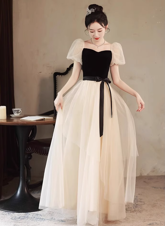Elegant Cinched-Waist Tulle Splicing Maxi Dress Puff Mesh Sleeve Feast Prom Long Dress AP0734