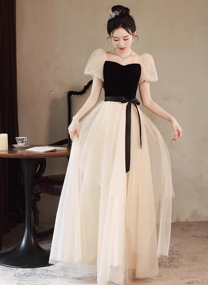 Elegant Cinched-Waist Tulle Splicing Maxi Dress Puff Mesh Sleeve Feast Prom Long Dress AP0734