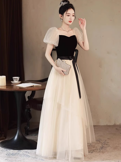 Elegant Cinched-Waist Tulle Splicing Maxi Dress Puff Mesh Sleeve Feast Prom Long Dress AP0734