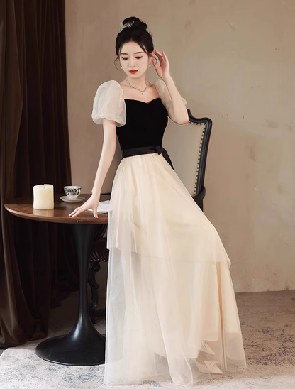 Elegant Cinched-Waist Tulle Splicing Maxi Dress Puff Mesh Sleeve Feast Prom Long Dress AP0734